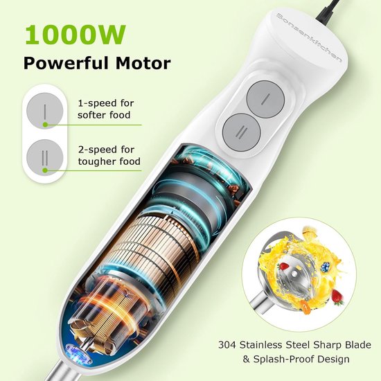 Staafmixer Set - Keukenmixer Hand - Eten Bereiden - Krachtige 1000W Motor - 500ml Hakmolen - Wit — afbeelding 3
