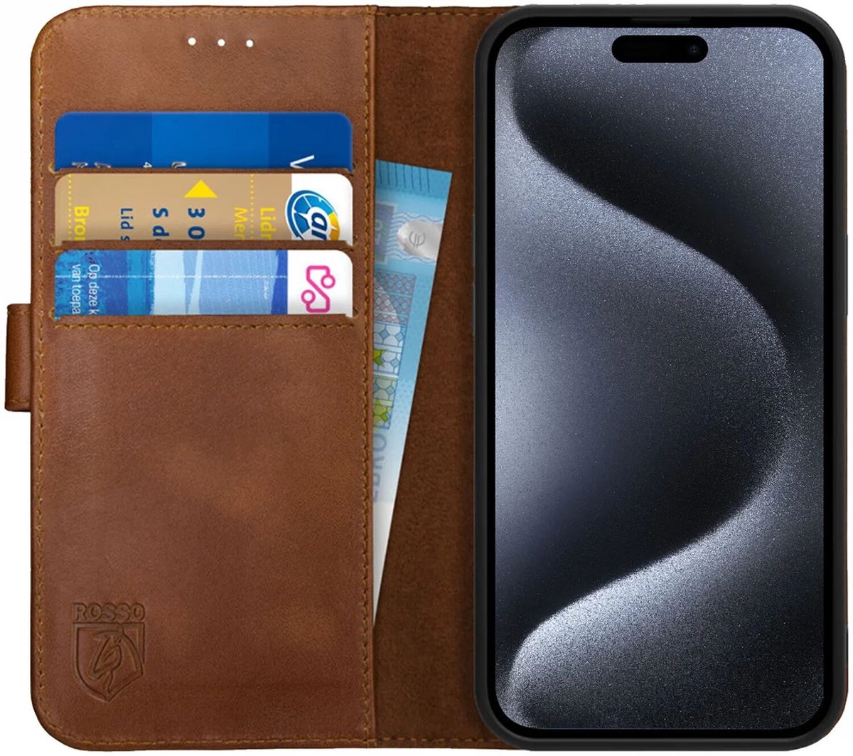 Rosso Deluxe Echt Leer Book Case Hoesje Geschikt voor Apple iPhone 15 Pro | Ruimte voor drie pasjes | Portemonnee Book Case | Met Pasjeshouder | Bruin