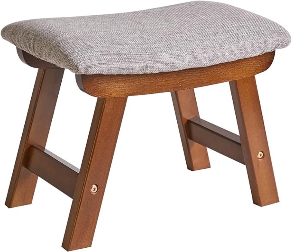 Verte Voetenbankje - Houten Voetenbankje - Gestoffeerd Stoeltje met Afneembare Hoes - 4 Beukenhouten Poten - Bruine Poot - Grijs Kussen