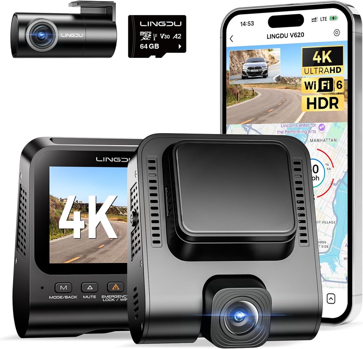 V620 Dashcam Voor en Achter 4K+1080P, WiFi GPS, Met 64GB SD-Kaart, Auto Camera Met Parking Monitor, Nachtzicht, WDR, ADAS, 170° Brede Hoek, G-Sensor, Loopopname, APP-Besturing