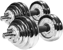 GymBeam 30 kg adjustable cast iron dumbbell set with 16 weight plates, ideal for strength training and muscle building, suitable for everyone.