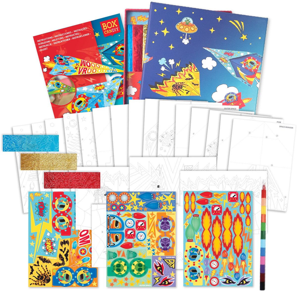 BOX CANDIY 20 Papieren Vliegtuigen Kleur & Decoratieset voor Kinderen I DIY Origami Knutselset met Stickers, Folie & Krijtjes I Creatieve Knutselbox met Opbergdoos