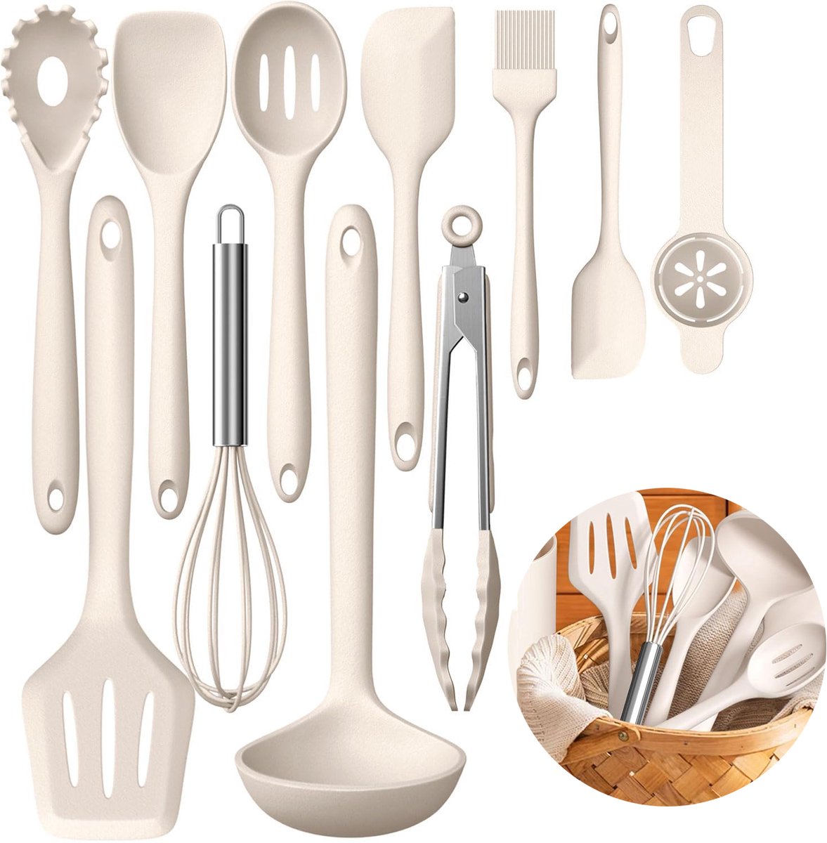 MODFU Keukengerei Set – 12-delige Siliconen Keukenhulpset – Praktisch en Veelzijdig voor Dagelijks Koken – Hittebestendig en Makkelijk Schoon te Maken met Opbergstandaard – Khaki