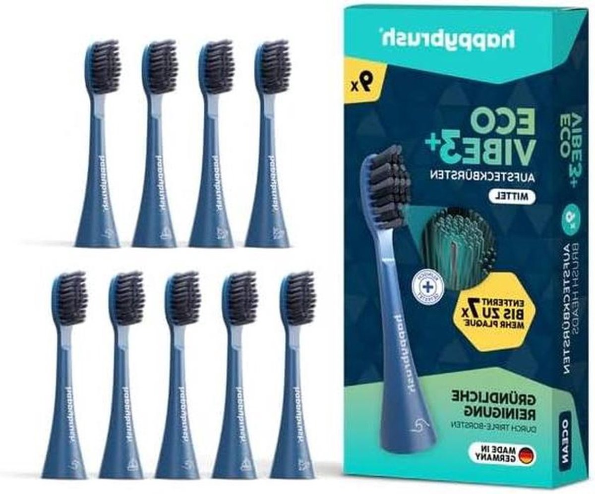 happybrush Opsteekborstels, 9 stuks, voor elektrische sonische tandenborstel VIBE 3, wisselkoppen met pictogrammen om onderscheid te maken, originele reserveborstels met afgeronde borstelharen (blauw