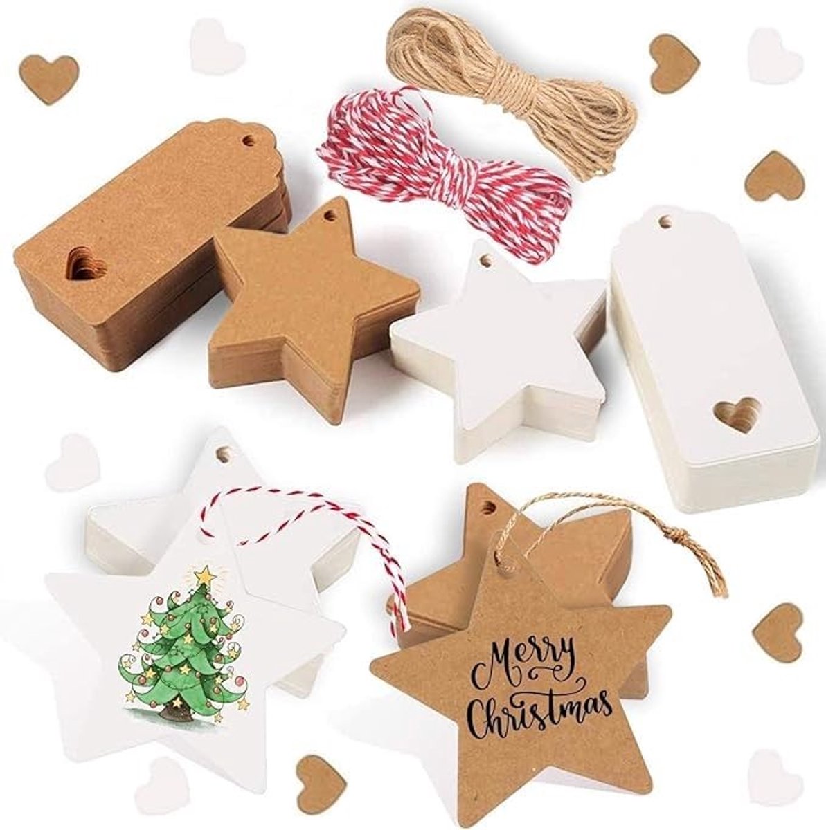 Dailygoods- Cadeauhangers 100 Stuks - Ster Cadeaulabels - Hangers Bruiloft - Cadeau Labels Karton - Geschenken - Inclusief 20 m Koord