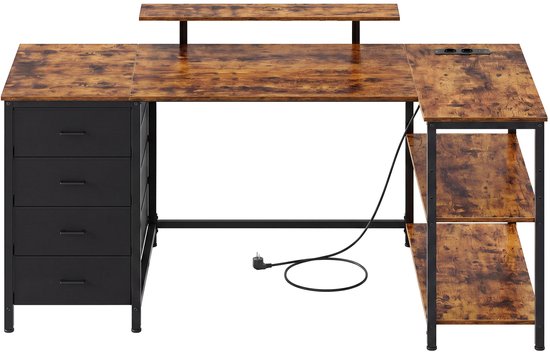 L-vormig bureau met vier lades, drie open schappen en monitorverhoger. Met stroomkabel.
