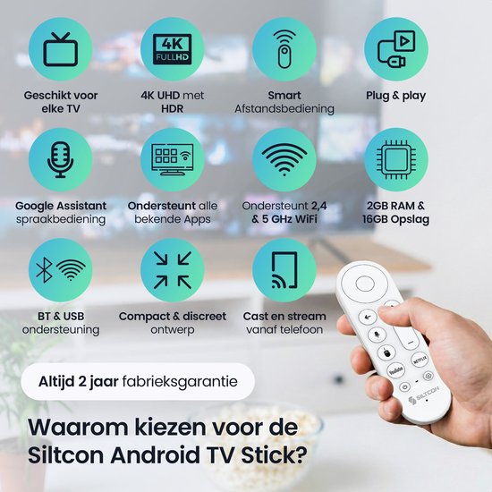 Overzicht van de functies van de Siltcon Android TV Stick, waaronder "4K UHD met HDR", "Smart Afstandsbediening" en "2,4 & 5 GHz WiFi". De witte afstandsbediening wordt getoond.