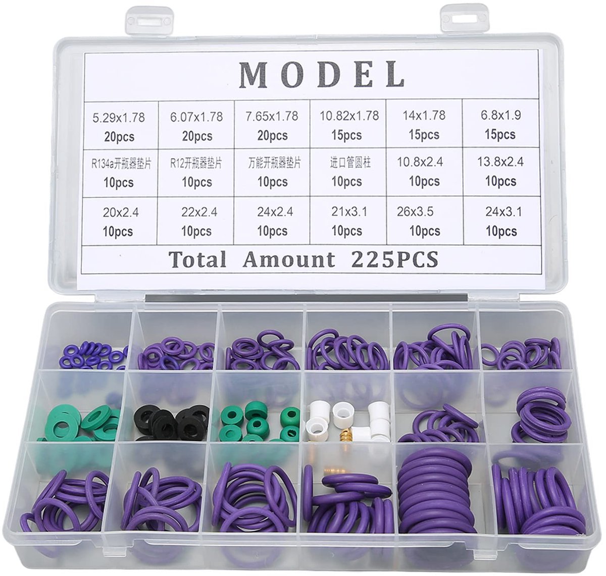 Dailygoods- O-ringafdichtingsset 225 delig - O-ringen set 14 maten - Rubber ringen - Afstandhouders - Auto airconditioning - Geschikt voor machines