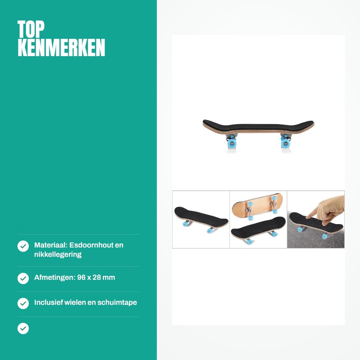 Dailygoods- Fingerboard Mini Skateboard - Esdoorn Houten Deck - Nikkellegering Wielen - Schokabsorberend - Inclusief Schuimtape - 96 x 28 mm