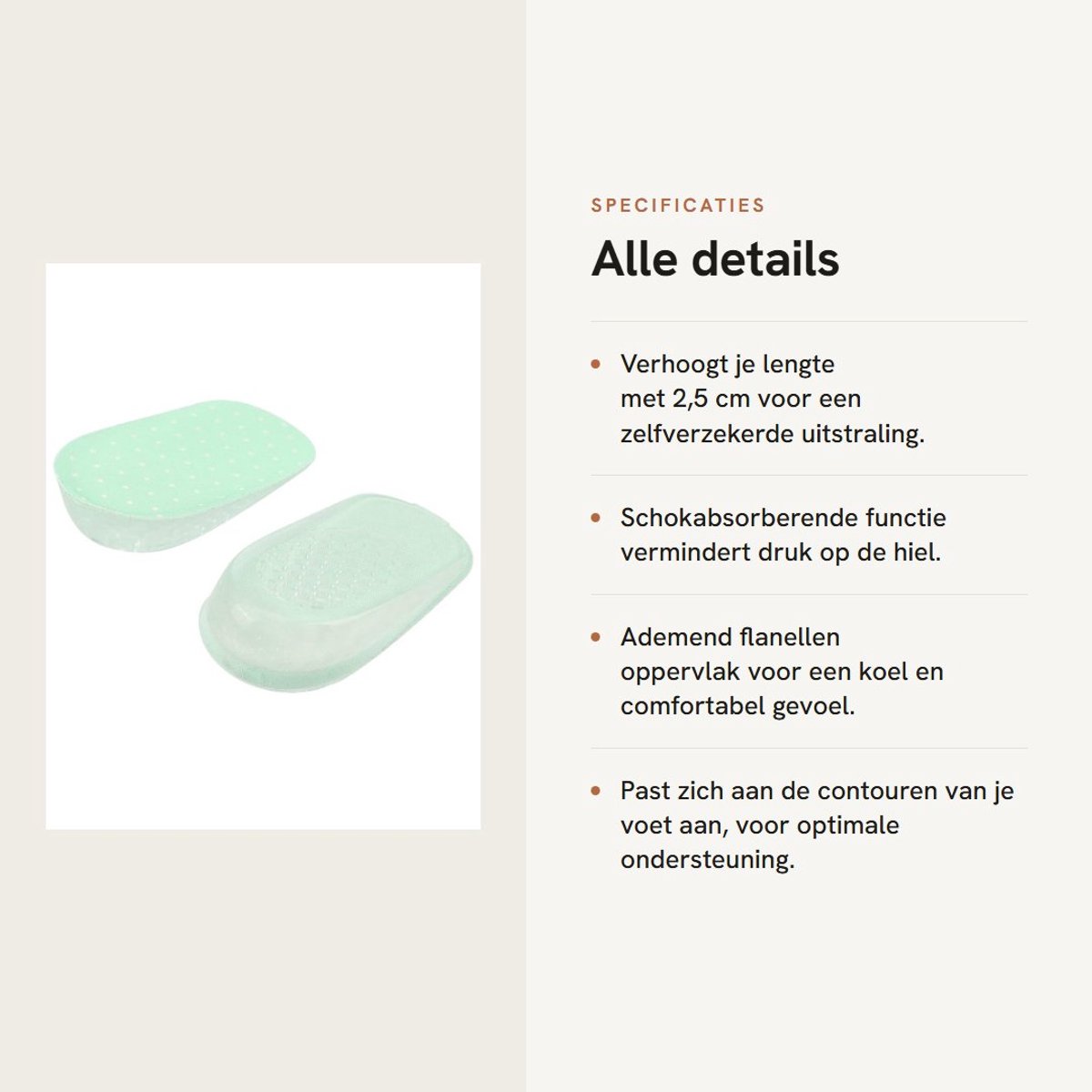 Dailygoods- Inlegzolen Hoogteverhoging - Siliconengel Inlegzolen - Hielkussen 2,5 cm - Ademend Materiaal - Schokabsorptie - Universaal voor Schoenen - Hielverhogers