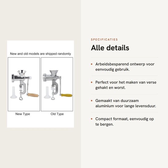 Store_8 - Handmatige vleesmolen - Vleesmolen en worstmaker - Aluminium - Worstvulbuis - Voor het maken van verse worst - Handig voor thuisgebruik — afbeelding 4