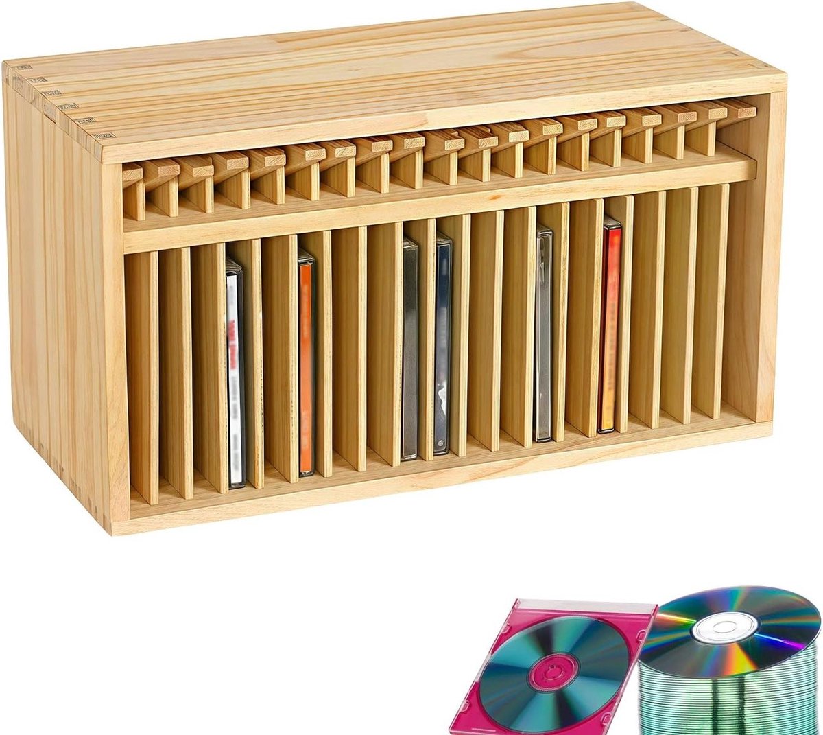 Houten CD rek - Muziek opberger - Collectie organiseren - Massief houten constructie - 19 CD's - Dennenhout