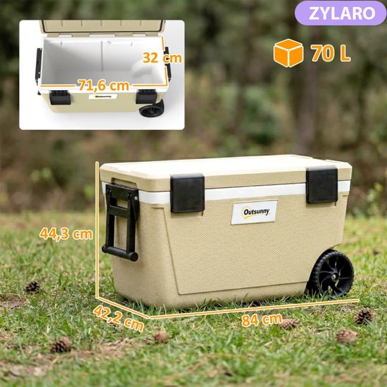 Compressor Koelbox - 70 L - houdt tot 72 uur Koel - Koelkast - Koeler met PU-schuimisolatie, Wielen, Aftapkraan & Handvat - Voor Auto & Huis - voor Boten, Campers en op Reis - Khaki van ZYLARO — afbeelding 3