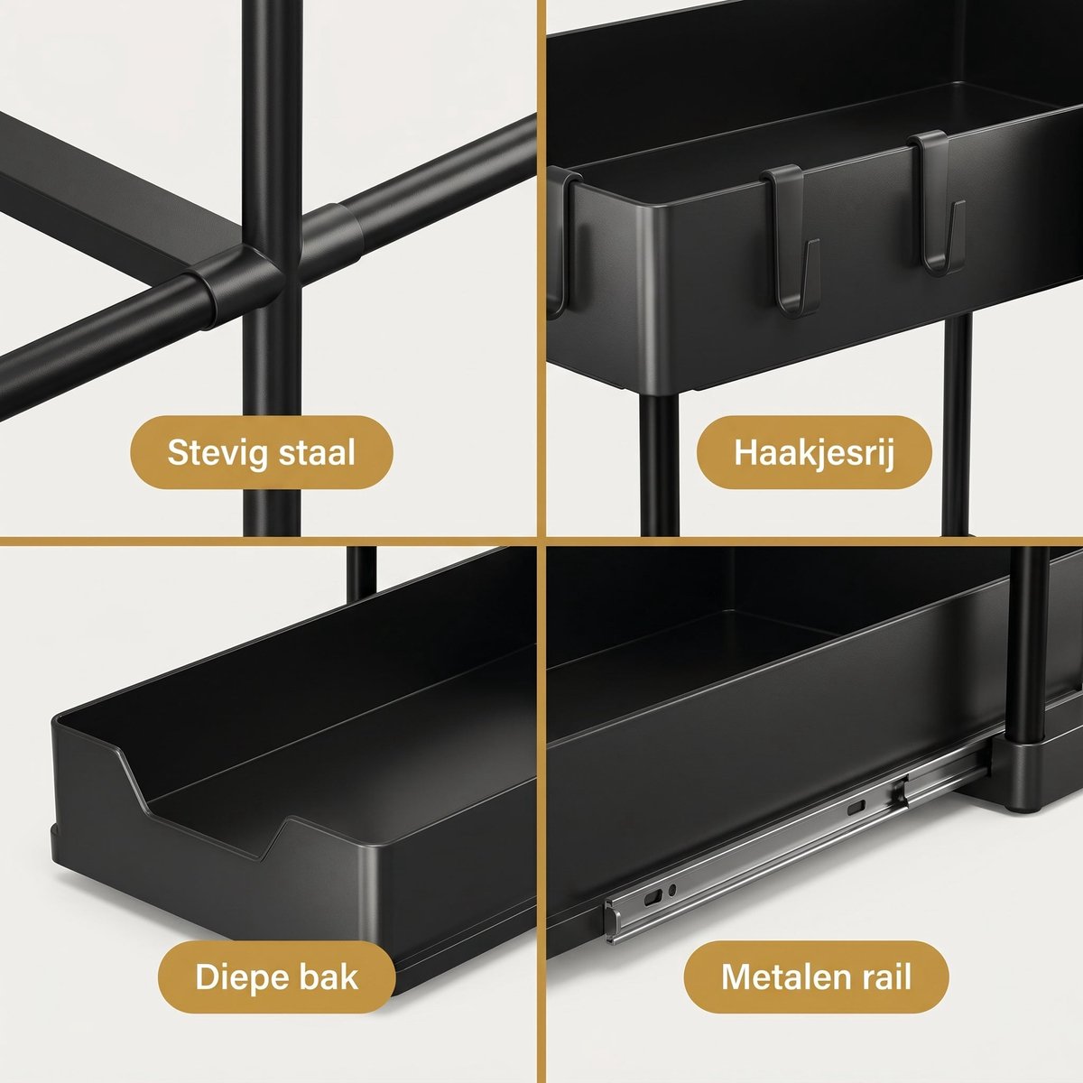 Cheqo® Onder de Gootsteen Organizer 2-Laags - Uittrekbare Kast Organizer - Keukenkast Organizer - Gootsteenorganizer - Uitschuifbare Schuiflade - Onderkast Organizer - Opbergrek voor Onder de Wastafel - Keuken en Badkamer Organizer - Zwart — cadeau in Cadeau-ideeën - foto 3