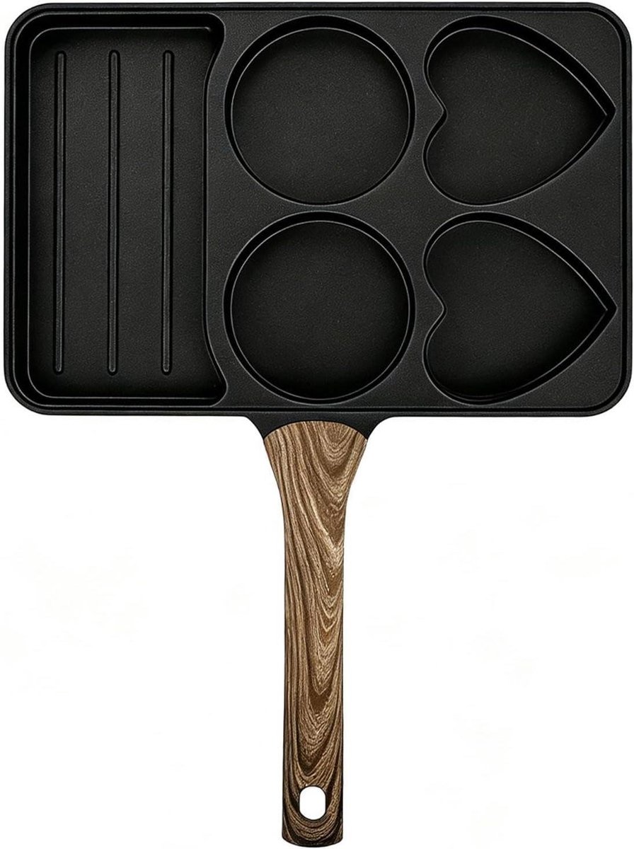 Gebakken eierpan - Ontbijtpan multifunctioneel - Gezinsontbijt bereiden - Vijf roosters - 35.5 cm - Zwart