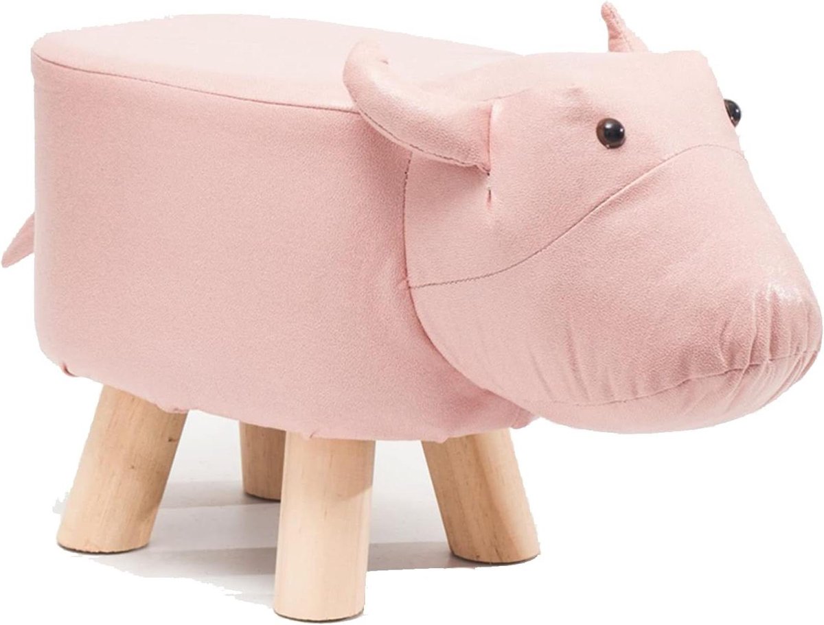 Dieren voetenbankje - Poef kruk - Ontspanning thuis - Massief houten frame - 30x23x30cm - Roze Koe