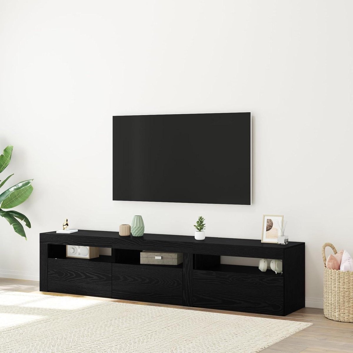 Tv-kasten met LED - Lowboard televisietafel - Media-opslag - Zwarte eiken afwerking - 2 stuks - Zwart