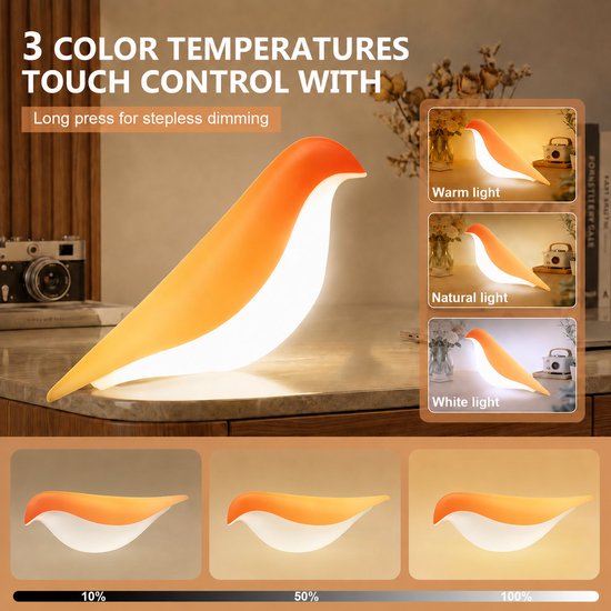 Rosnek Wipwap Vogel Nachtlampje met Aroma Diffuser - Draadloos Touch Dimbaar Tafellamp - 3 Kleuren LED Bureaulamp - Oplaadbaar - Kleurverloop - 1 Stuk van Rosnek — afbeelding 2