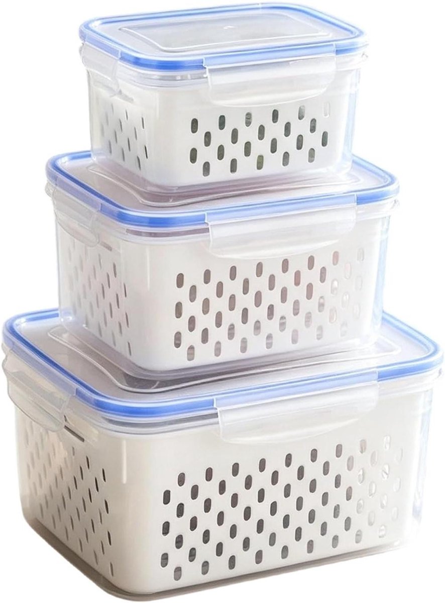 Fruit Opslagcontainers - Koelkast Bewaarboxen - Voedsel Vers Houden - Verwijderbaar Vergiet - 850ml 1750ml 3300ml - Blauw