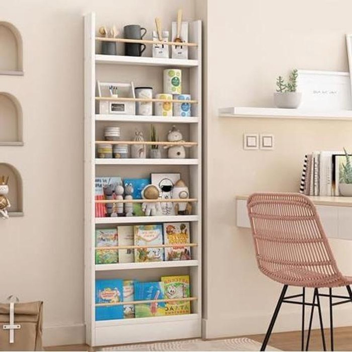 Boekenkast Kinderkamer - Wandrek Opbergrek - Speelgoed Boeken Opbergen - Massief Hout Ontw