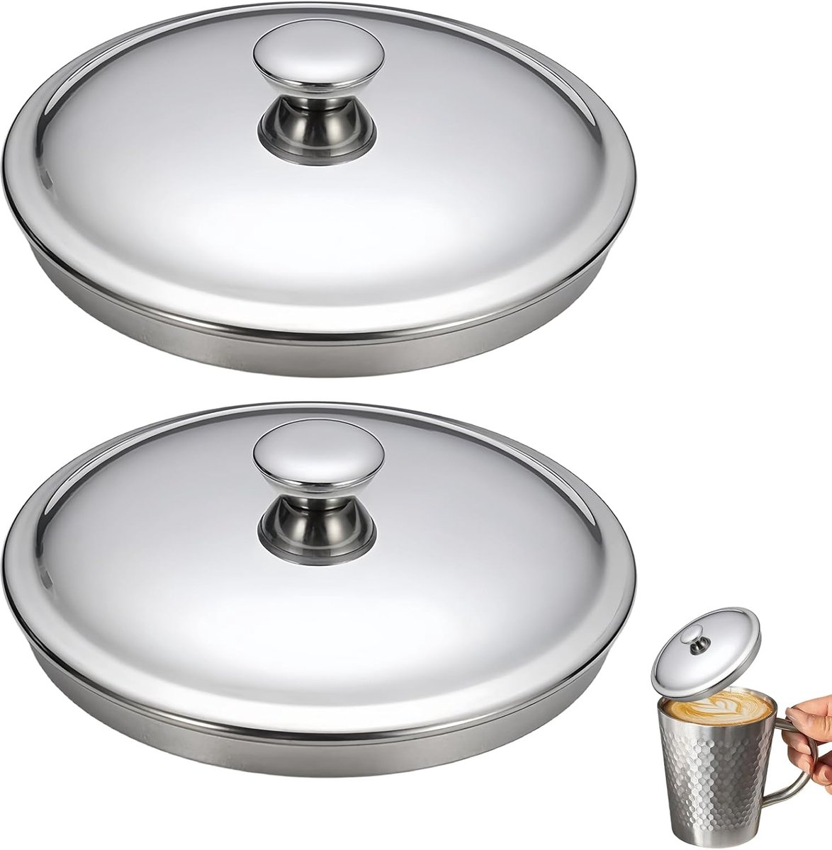 Universele drankdeksel van 10 cm, gemaakt van roestvrij staal, geschikt voor drinkbekers, koffiebekers, metalen thermosflessen voor op reis, enz. Vervangbare deksel - zilverkleurig, 2 stuks.