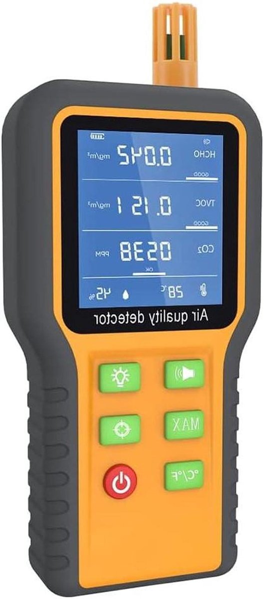 Luchtkwaliteitsmonitor - CO2 meter - Binnenlucht meten - 5-in-1 metingen - 164 x 70 x 32 mm - Zoals Afgebeeld