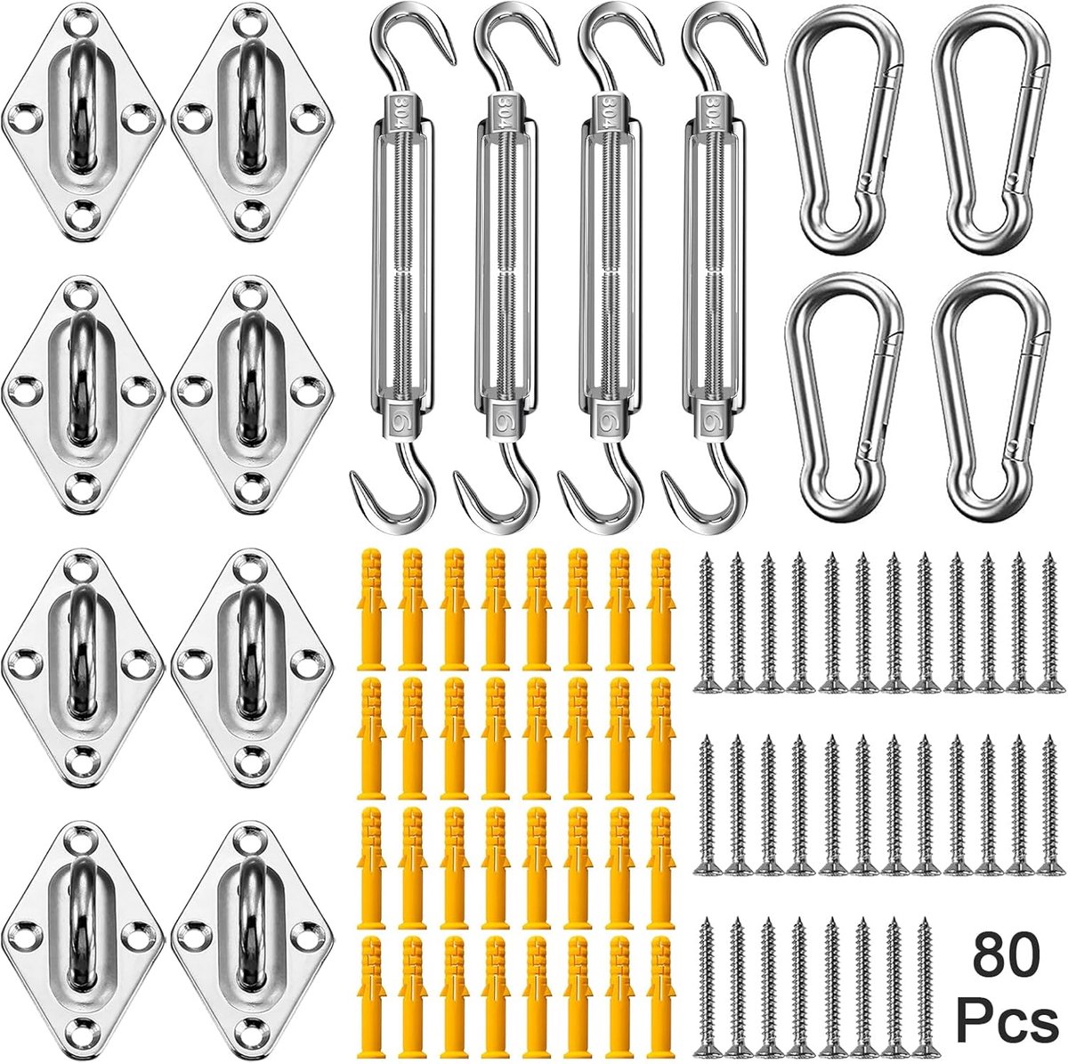 Daity 1 set - Montageset voor schaduwdoeken – 304 roestvrijstalen accessoires voor de installatie van rechthoekige en driehoekige schaduwdoeken en zonneschermen – Geschikt voor tuin en terras （80psc）