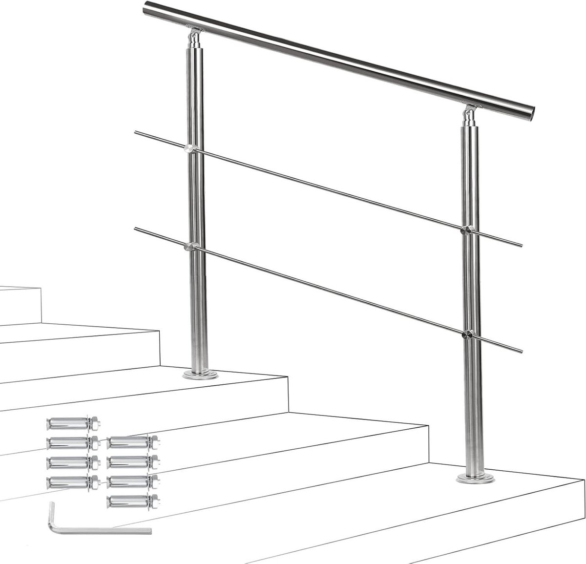 Fiqops Leuning van roestvrij staal, 150 cm, binnen trapleuning met 2 dwarsbalken voor binnen- en buitentrappen, trapleuning buiten, balustrade van roestvrij staal buiten, voor trap, balustrade, balkon