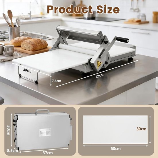 Manuele Deeguitrolmachine & Pastamachine (30cm) - Dikte Verstelbaar 0-25mm - Professionele RVS Deegroller voor Bladerdeeg, Pizza, Fondant & Marsepein - Opvouwbaar(S) — afbeelding 2