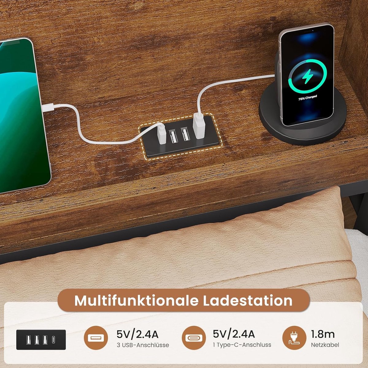 UrbanStudy Smart Storage Daybed 90x200 cm met 6 Lades, Geïntegreerde Boekenkast, LED RGB Verlichting en USB Laadstation – Multifunctionele Slaapbank met Lattenbodem Vintage Bruin