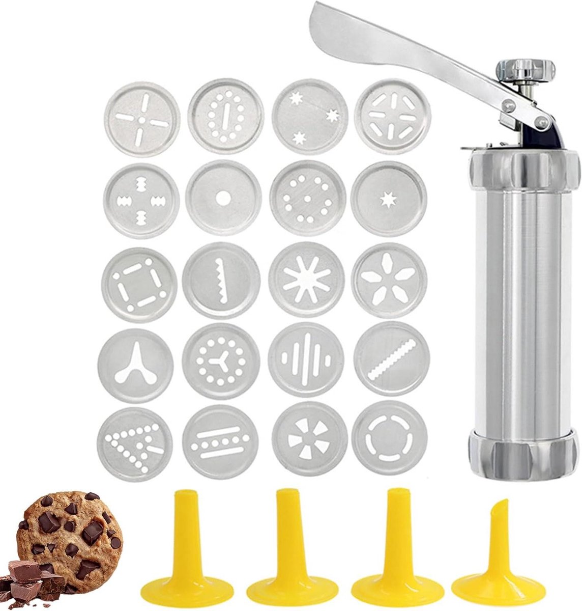 Koekjespers Machine - Bakvorm Decorator - Zelf Koekjes Maken - 24 Delige Set - 21.2 cm Lengte - Zilverkleurig