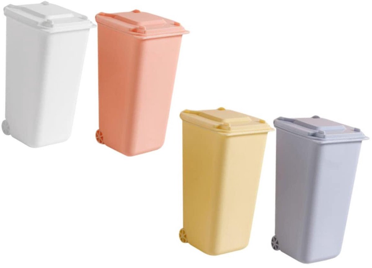 Mini Prullenbak - Bureau Afvalbak - Bureau Opruimen - Met Deksel Wielen - 4 Stuks - Diverse Kleuren