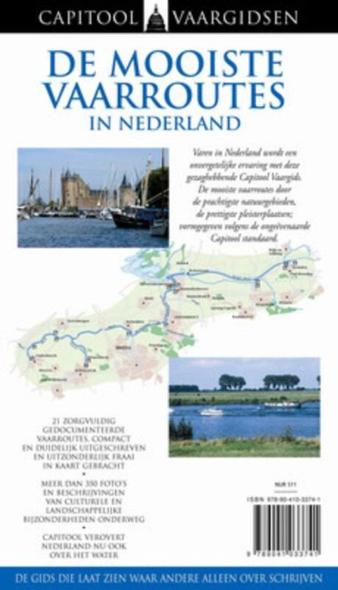 Boek 'De mooiste vaarroutes in Nederland', achterkant met tekst en kaart van vaarroutes en afbeeldingen van boten.