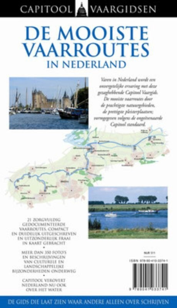 Boek 'De mooiste vaarroutes in Nederland', achterkant met tekst en kaart van vaarroutes en afbeeldingen van boten.