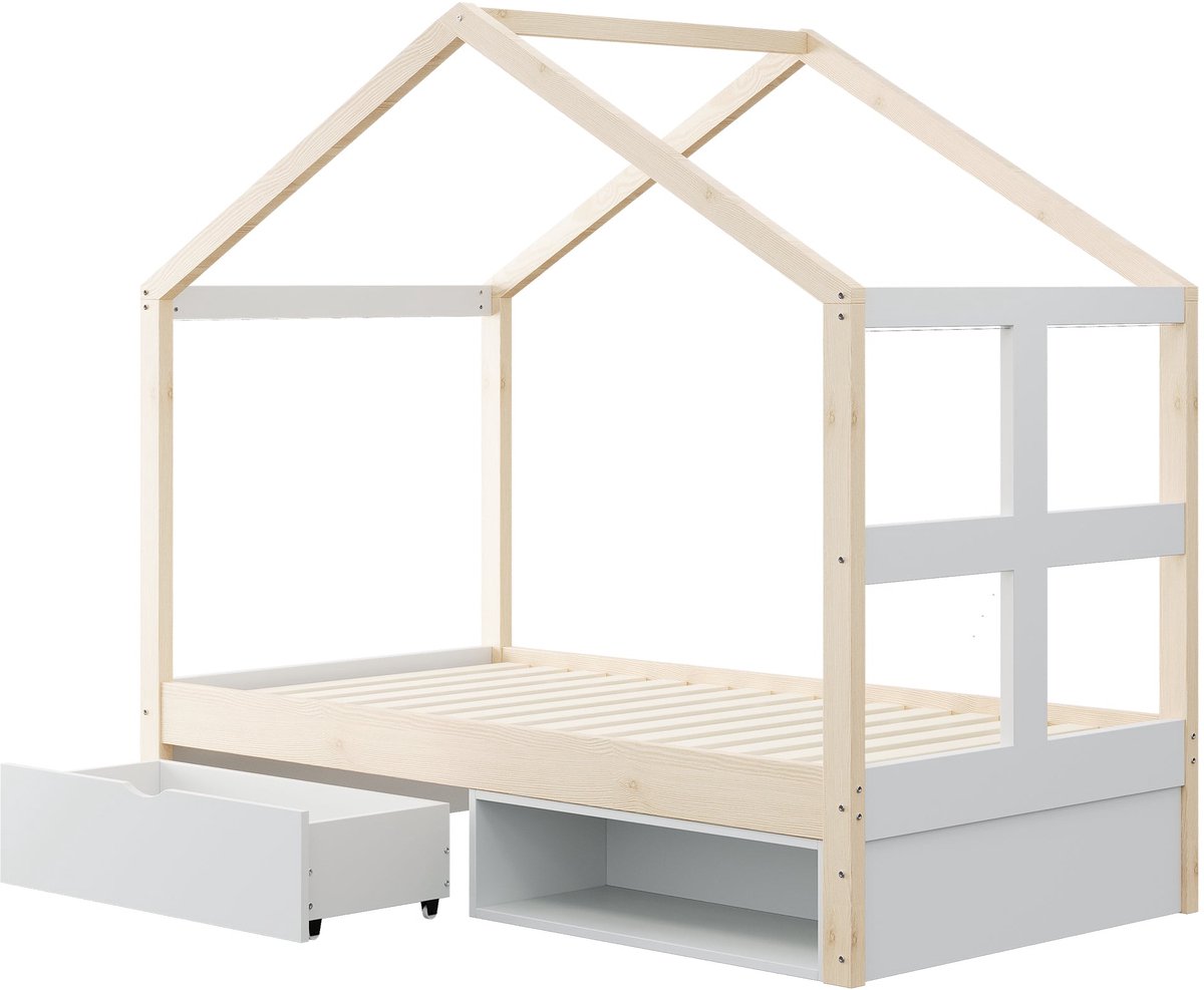 Merax Bed in Huisvorm 90x190 cm - Bed met Opbergruimte - met Lade en Schoenenvak - LED Verlichting met Afstandsbediening - Houtkleur