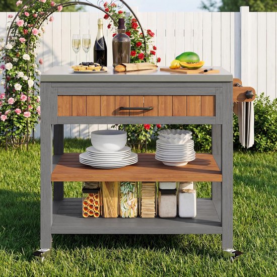 Tuinkast met werkblad - Buitenkast Grillstation - Buiten koken - Met RVS werkblad - 80x51x91.5cm - Houtkleurig van Merkloos — afbeelding 5