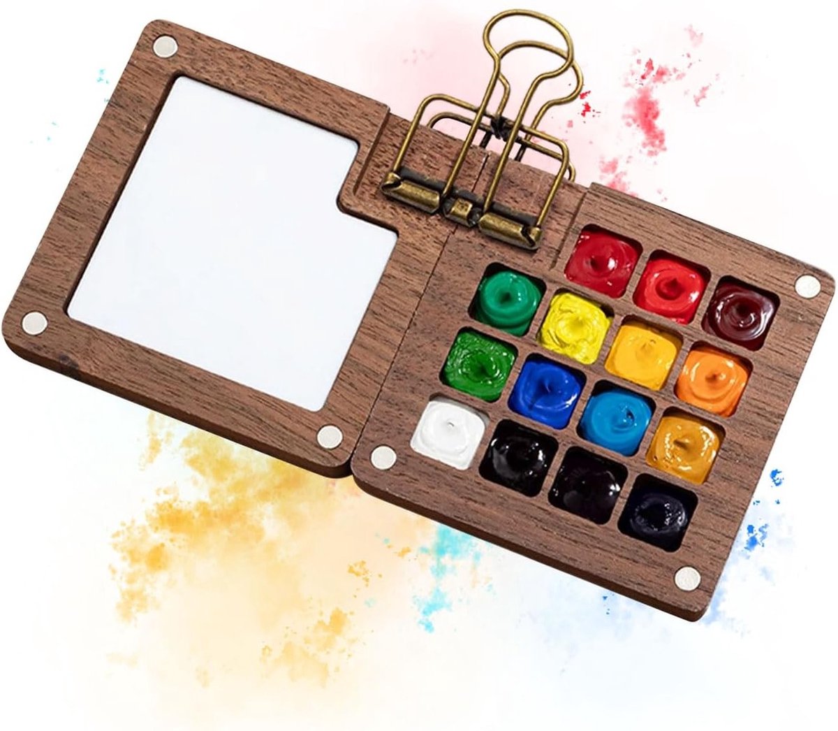 Draagbaar schetsboek met opvouwbaar houten palet en clip voor aquarel, olie- en acrylverf (15 vakken)