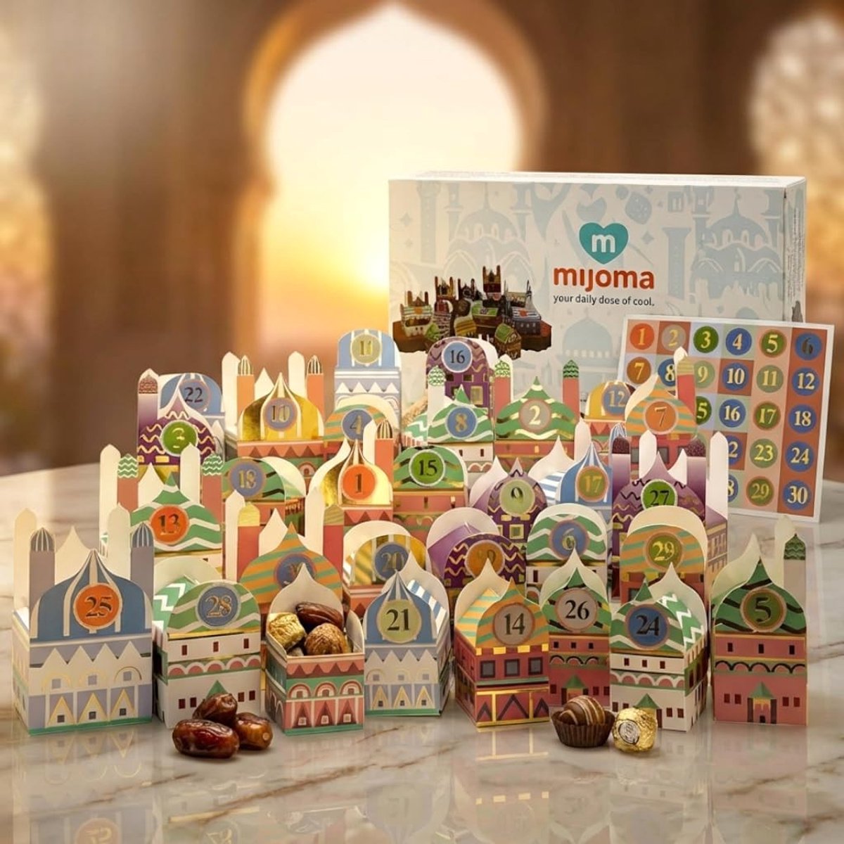 MIJOMA Ramadan Kalender met 30 Kleurige Cadeauboxen en Automatische Basis - Eid Mubarak Decoratie