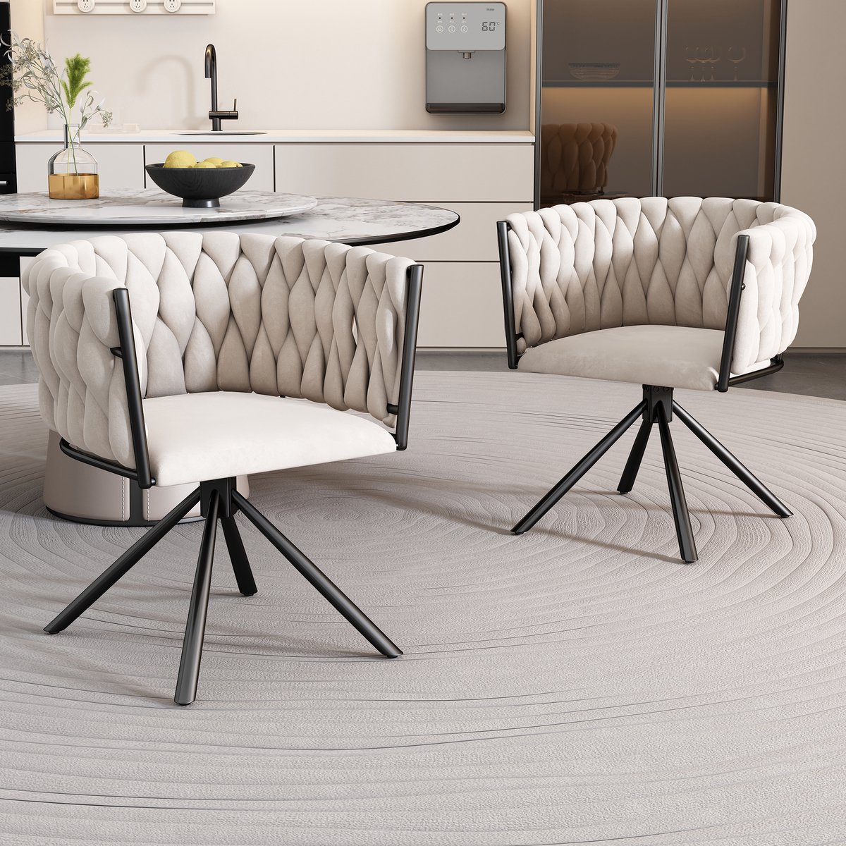 MIVRAY Eetkamerstoel Set Van 2 - 360° Draaibaar En Ergonomisch - Voor Eetkamer En Woonkamer - Fluweel Beige
