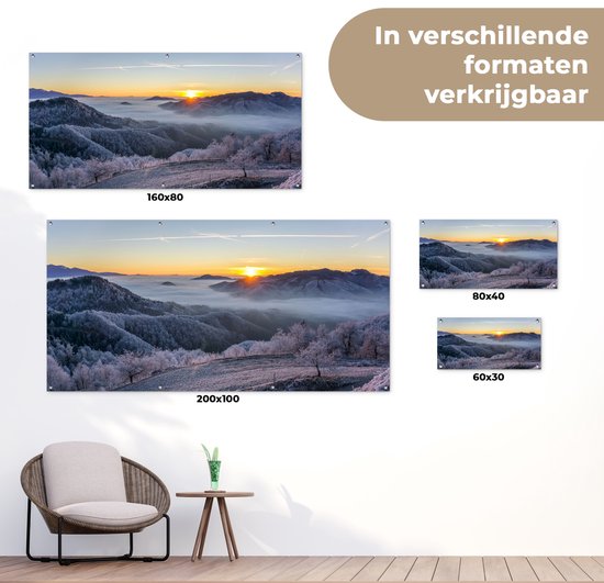 Tableau jardin d'hiver - Montagnes - Affiche jardin - Toile jardin - Hiver - Soleil - Soir - Décoration de jardin - 200x100 cm