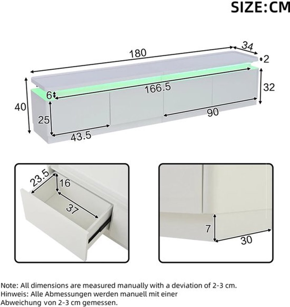 TV Meubel – TV Kast – TV Dressoir – TV Meubels – TV Stand – 180x34x40 cm – 4 Lades – LED Verlichting – Hoogglans – Geschikt voor 80 Inch TV