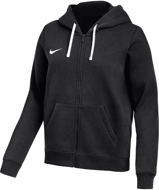 Zwarte Nike hoodie met rits, witte koordjes, Nike logo op de borst en steekzakken.