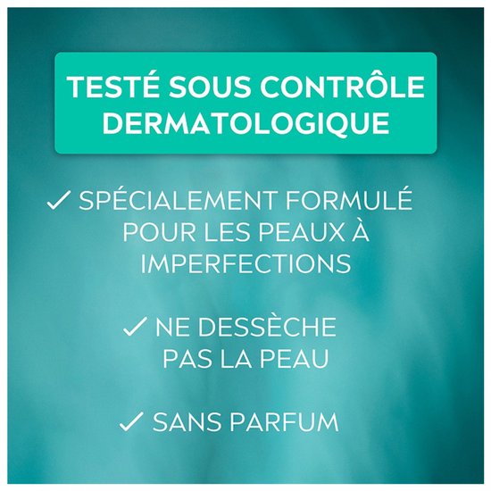 Getest onder dermatologische controle, speciaal geformuleerd voor de huid met imperfecties, droogt de huid niet uit, zonder parfum.