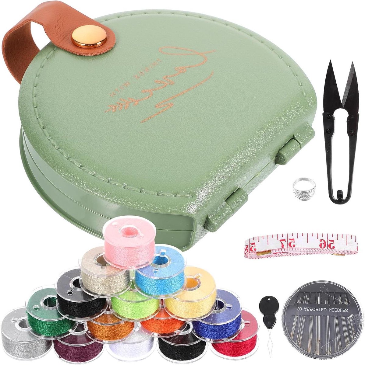 Mini Naaiset - Naaibox Borduurset - Kleine Reparatie - Met Opberghouder - 14 x 12 x 3 cm - Groen
