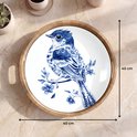 Rond houten dienblad met Delfts blauw vogeldecor, 40x40 cm.