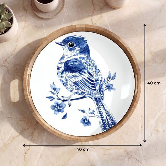Rond houten dienblad met Delfts blauw vogeldecor, 40x40 cm.