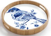 Dienblad rond 40x40 cm - Schootdienblad hout - Vogel - Delfts blauw - Illustratie - Bloemen - Borrelplank rechthoek - Plateau houten dienbladen
