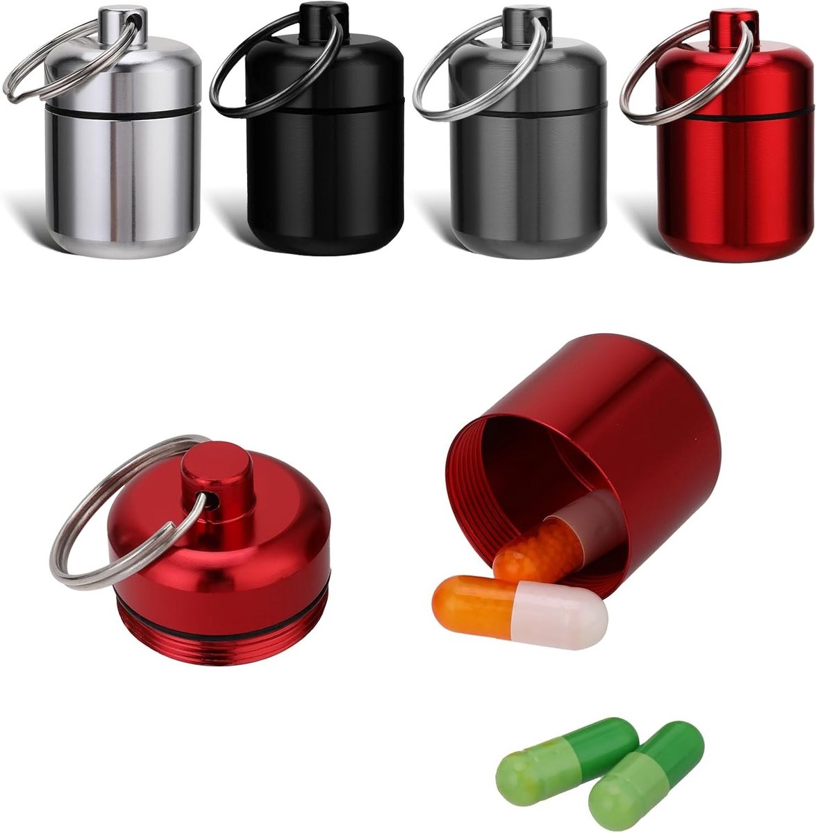 Metalen Pillendoos Set van 4, Kleine Tablet Box, Sleutelhanger, Waterdichte Mini Capsule voor Reizen, Kamperen en Vissen, Handige Opbergdoos in 4 Kleuren