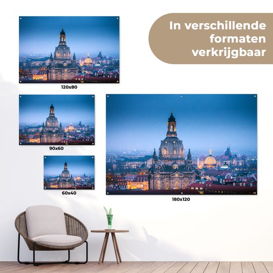 Tuinposter 60x40 cm - Tuindecoratie de Frauenkirche in Dresden - Poster voor in de tuin - Buiten decoratie - Schutting tuinschilderij - Tuindoek muurdecoratie - Wanddecoratie balkondoek