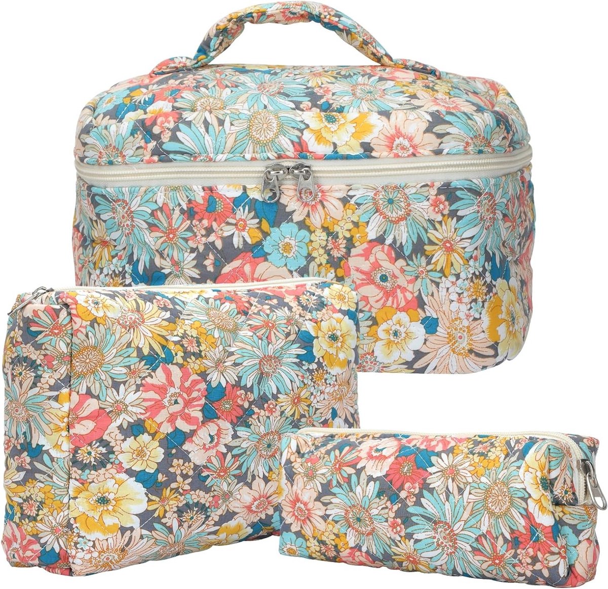 Drie-delige Make-up Tas voor Vrouwen - Reis Toilettas met Gequilte Bloemen en Praktische Opbergruimte